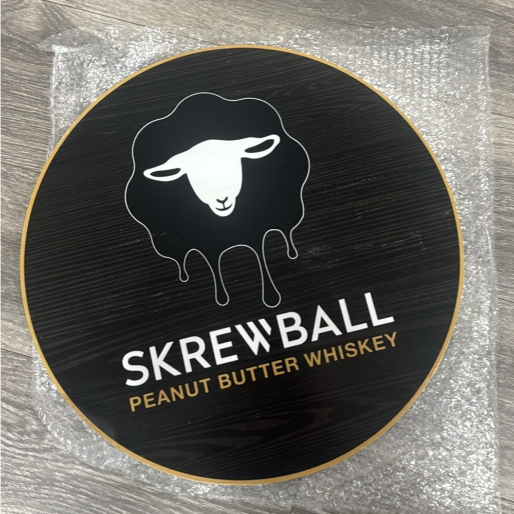Skrewball Whiskey Black and Gold Wooden Bar sign